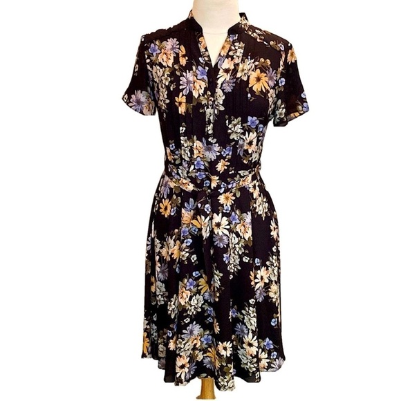 Nanette Lepore size 2 BLACK DREAM CLOUD belted pleated Floral Midi Dress - Picture 3 of 13